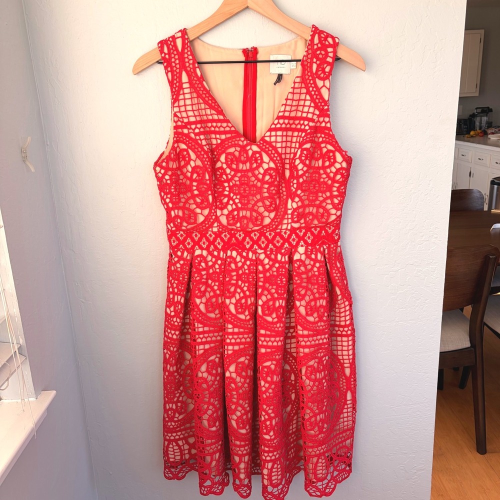 Anthropologie HD in Paris Dress Dress Women's 8 Coral Red Crochet Lace - Picture 1 of 14